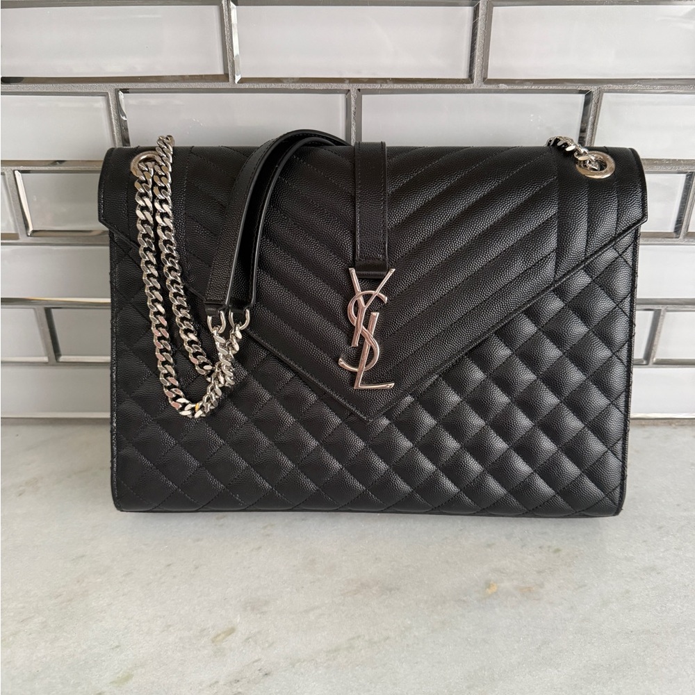 Saint Laurent large envelope Black Quilted Shoulder Bag silver hardware like NEW